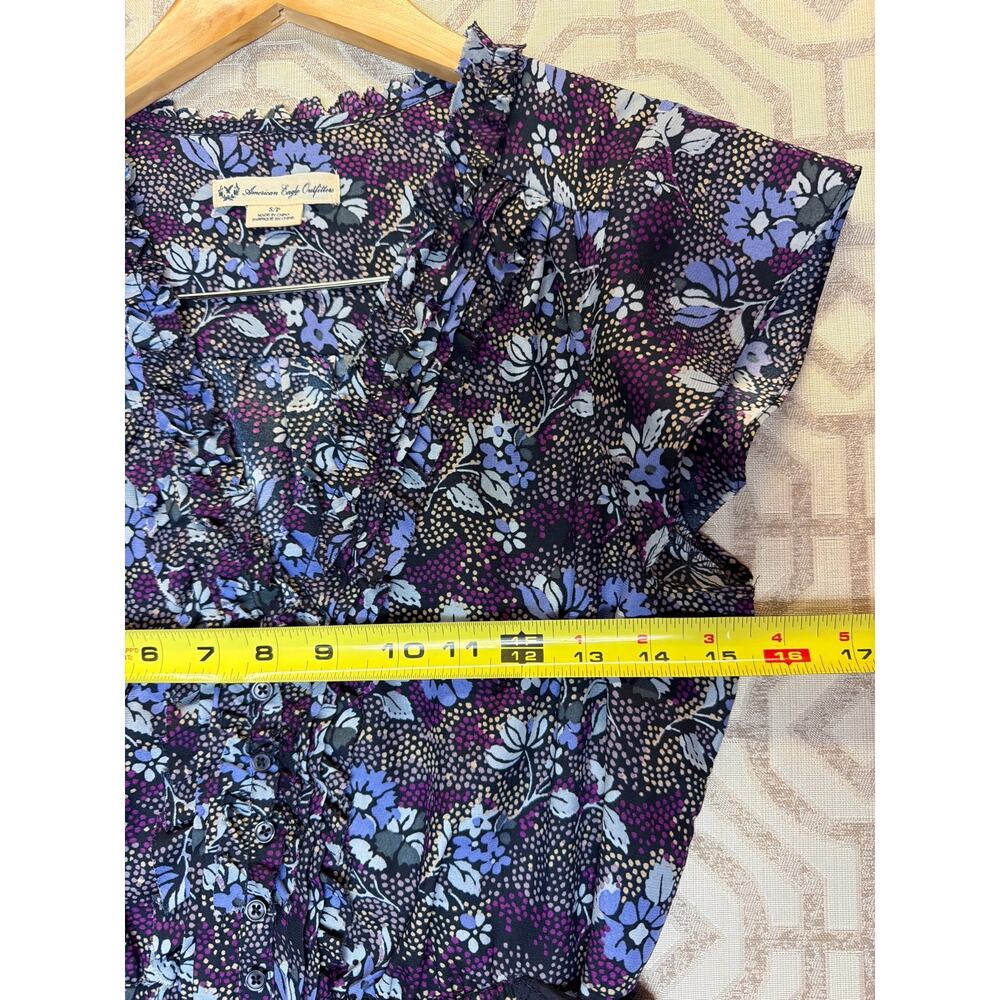 American Eagle Purple Floral Ruffle V-Neck Mini Dress Cap Sleeve Size S - Picture 6 of 6